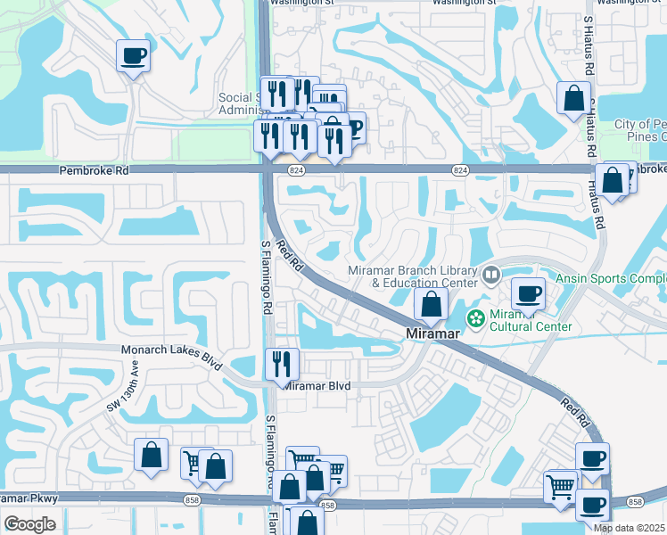 map of restaurants, bars, coffee shops, grocery stores, and more near 2113 Renaissance Boulevard in Miramar