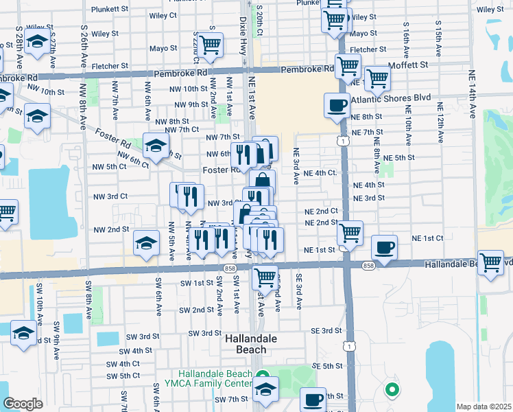 map of restaurants, bars, coffee shops, grocery stores, and more near 10 Northeast 3rd Street in Hallandale Beach