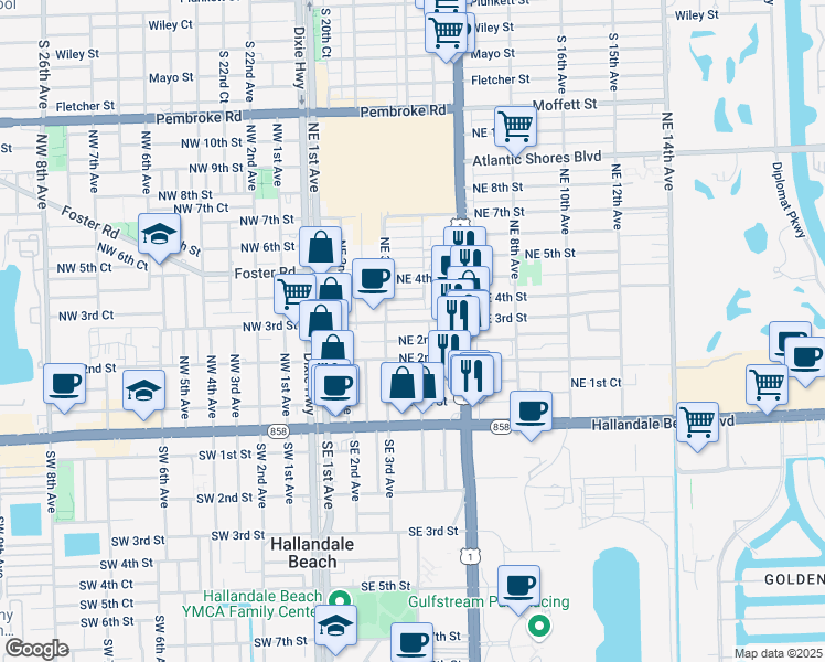 map of restaurants, bars, coffee shops, grocery stores, and more near 322 Northeast 3rd Street in Hallandale Beach