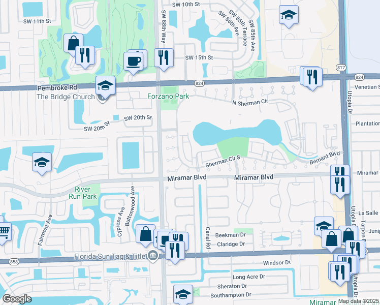 map of restaurants, bars, coffee shops, grocery stores, and more near 2262 Southwest 87th Terrace in Miramar