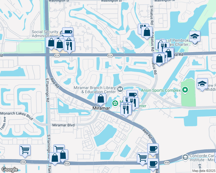 map of restaurants, bars, coffee shops, grocery stores, and more near 2148 Southwest 117th Avenue in Miramar