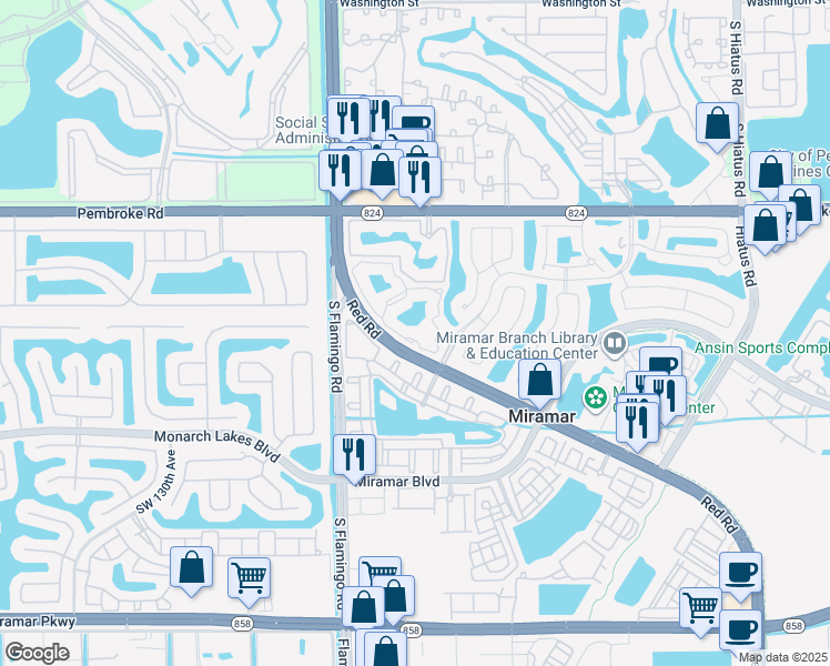 map of restaurants, bars, coffee shops, grocery stores, and more near 2113 Renaissance Boulevard in Miramar