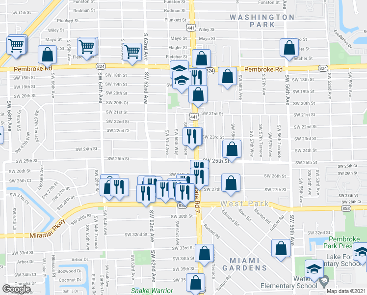 map of restaurants, bars, coffee shops, grocery stores, and more near 2316 Southwest 60th Terrace in Miramar