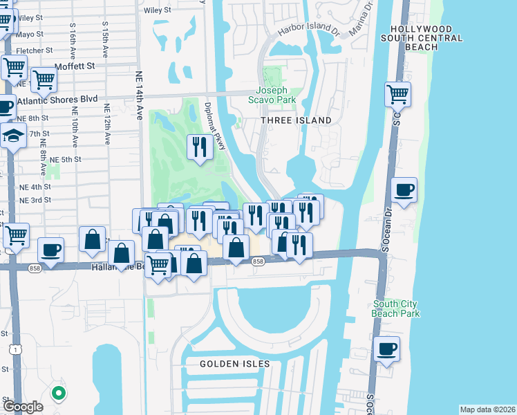 map of restaurants, bars, coffee shops, grocery stores, and more near 300 Diplomat Parkway in Hallandale Beach