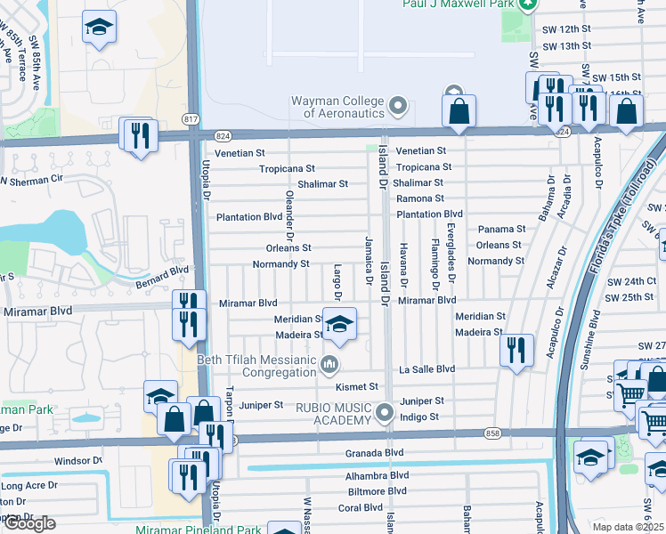 map of restaurants, bars, coffee shops, grocery stores, and more near 2310 Largo Drive in Miramar