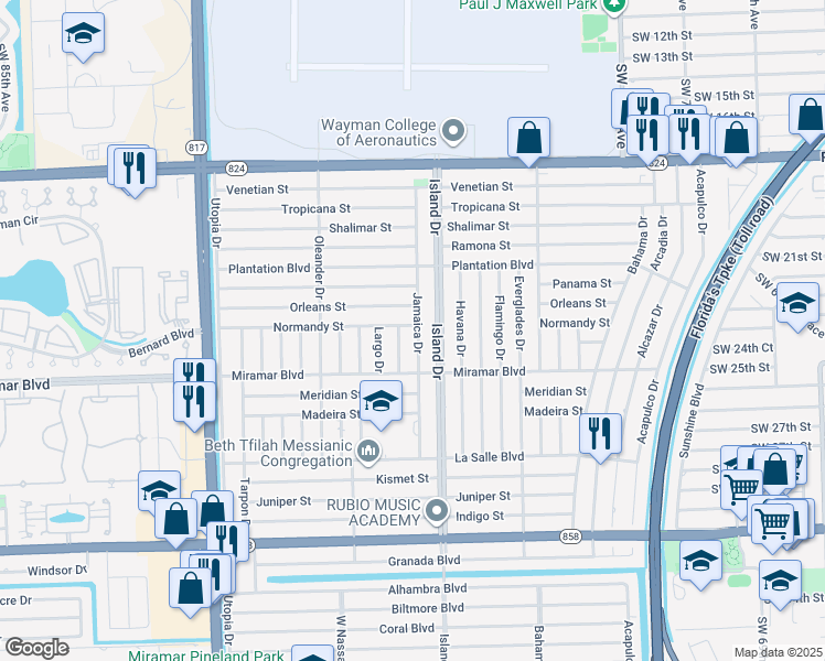 map of restaurants, bars, coffee shops, grocery stores, and more near 2310 Jamaica Drive in Miramar