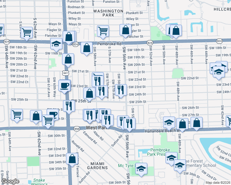 map of restaurants, bars, coffee shops, grocery stores, and more near 2316 Southwest 57th Avenue in West Park