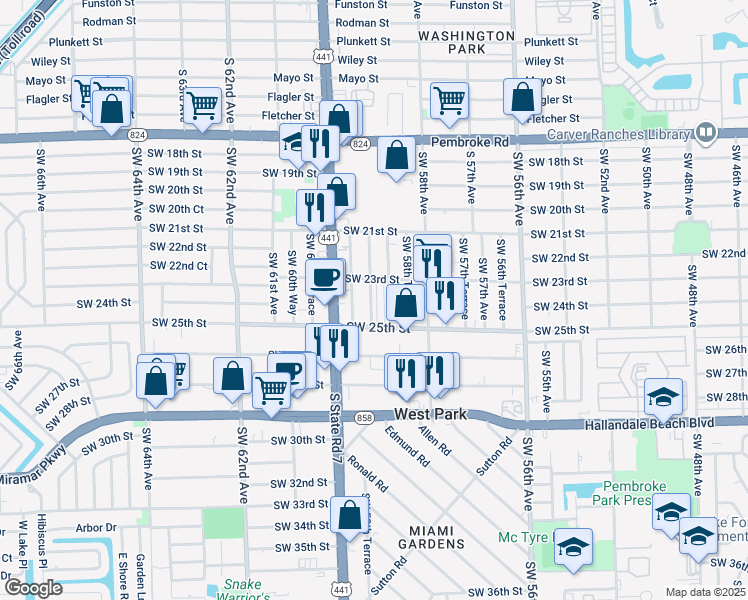 map of restaurants, bars, coffee shops, grocery stores, and more near 7 Southwest 59th Avenue in West Park