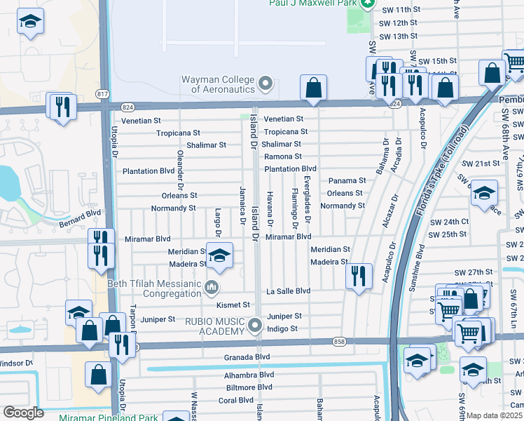 map of restaurants, bars, coffee shops, grocery stores, and more near 2311 Island Drive in Miramar