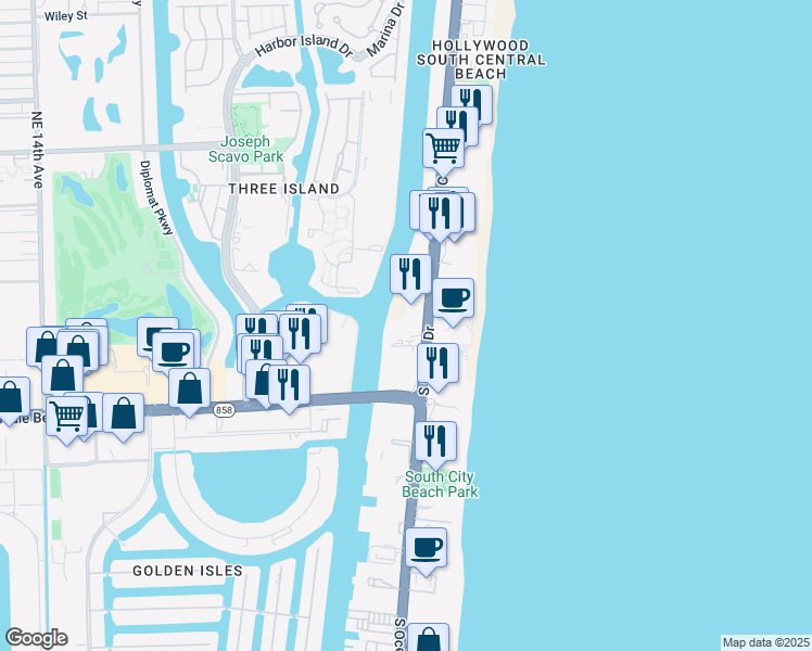 map of restaurants, bars, coffee shops, grocery stores, and more near 3800 South Ocean Drive in Hollywood