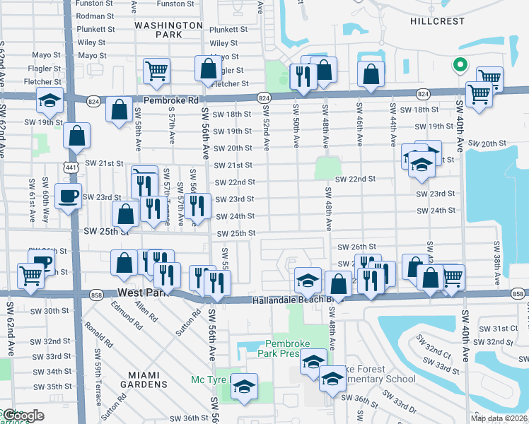 map of restaurants, bars, coffee shops, grocery stores, and more near 5121 Southwest 24th Street in West Park
