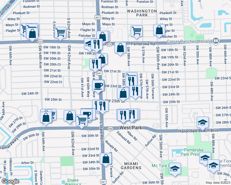 map of restaurants, bars, coffee shops, grocery stores, and more near 7 Southwest 59th Avenue in West Park