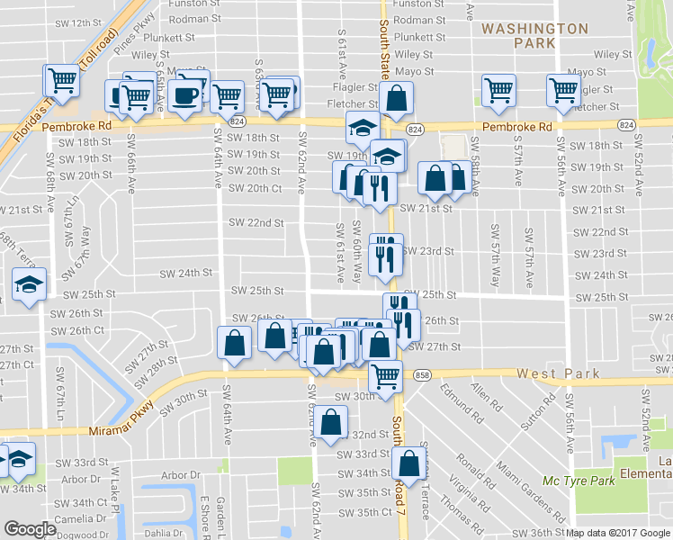 map of restaurants, bars, coffee shops, grocery stores, and more near 6101 Southwest 24th Street in Miramar