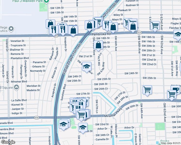 map of restaurants, bars, coffee shops, grocery stores, and more near 2310 Southwest 68th Terrace in Miramar