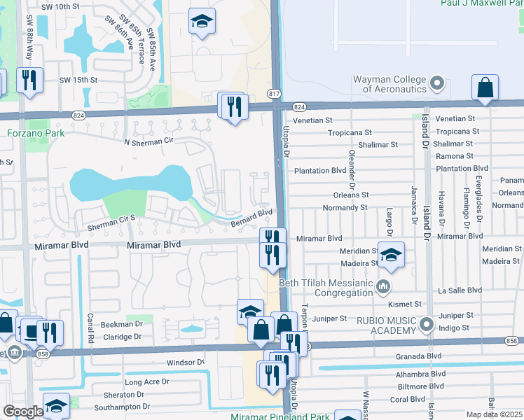 map of restaurants, bars, coffee shops, grocery stores, and more near 2310 Southwest 80th Terrace in Miramar