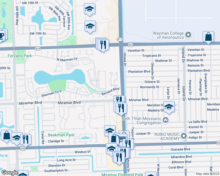 map of restaurants, bars, coffee shops, grocery stores, and more near 202 Sherman Circle Driveway in Miramar