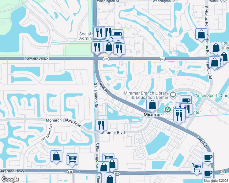 map of restaurants, bars, coffee shops, grocery stores, and more near 2113 Renaissance Boulevard in Miramar