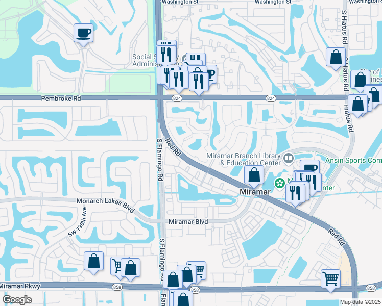 map of restaurants, bars, coffee shops, grocery stores, and more near 2113 Renaissance Boulevard in Miramar