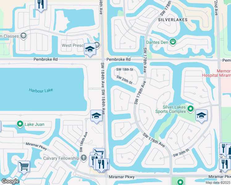 map of restaurants, bars, coffee shops, grocery stores, and more near 2226 Southwest 183rd Terrace in Miramar