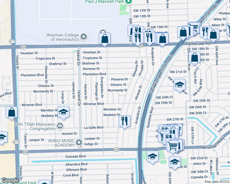 map of restaurants, bars, coffee shops, grocery stores, and more near 2311 Casablanca Drive in Miramar