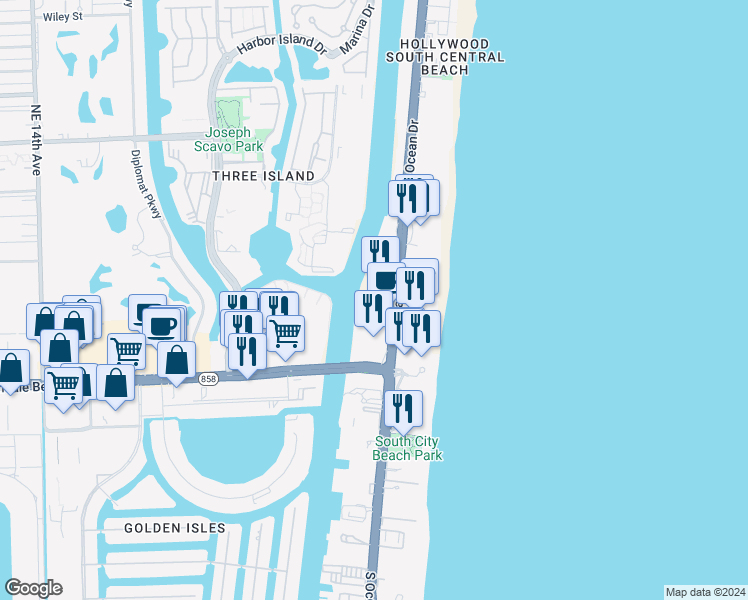map of restaurants, bars, coffee shops, grocery stores, and more near 3800 South Ocean Drive in Hollywood