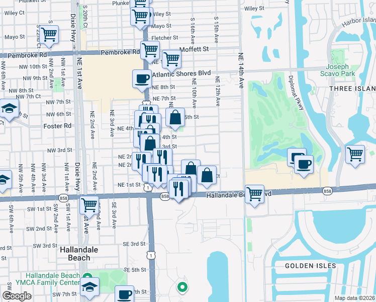 map of restaurants, bars, coffee shops, grocery stores, and more near 907 Northeast 2nd Court in Hallandale Beach