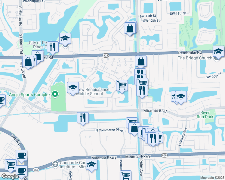 map of restaurants, bars, coffee shops, grocery stores, and more near 10203 Southwest 20th Court in Miramar