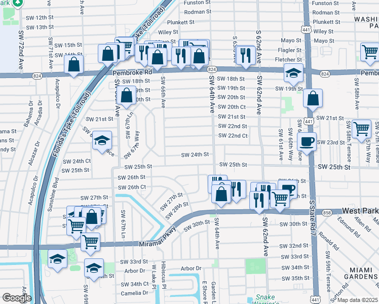 map of restaurants, bars, coffee shops, grocery stores, and more near 6445 Southwest 24th Street in Miramar