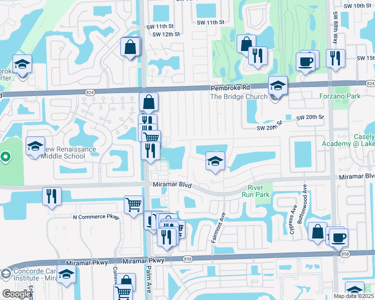 map of restaurants, bars, coffee shops, grocery stores, and more near 2260 Riverdale Drive North in Miramar