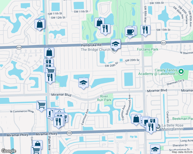 map of restaurants, bars, coffee shops, grocery stores, and more near 9520 Chelsea Drive in Miramar