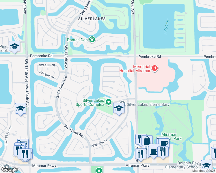 map of restaurants, bars, coffee shops, grocery stores, and more near SW 21st Ct in Miramar
