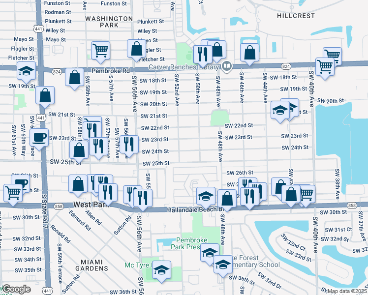 map of restaurants, bars, coffee shops, grocery stores, and more near 5121 Southwest 24th Street in West Park