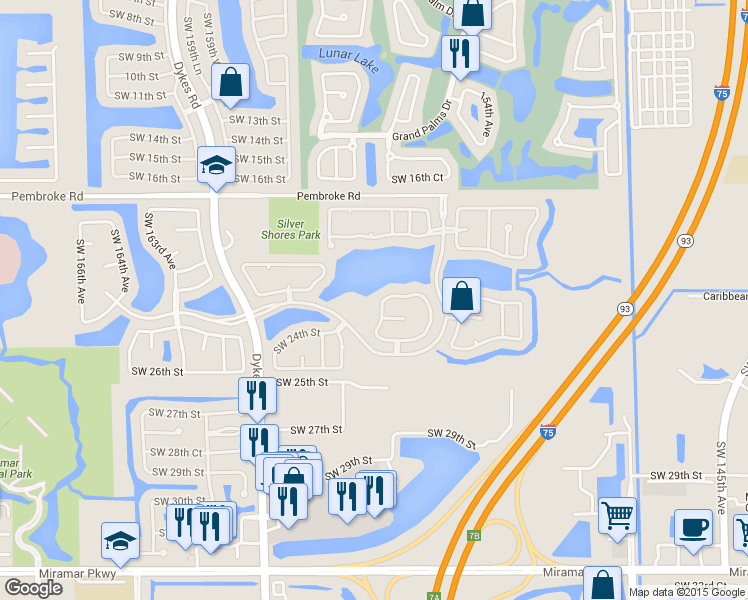 map of restaurants, bars, coffee shops, grocery stores, and more near 15361 Southwest 20th Street in Miramar