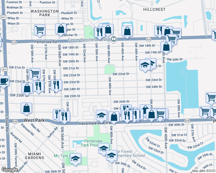 map of restaurants, bars, coffee shops, grocery stores, and more near 2340 Southwest 48th Avenue in West Park