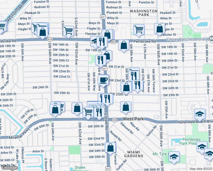 map of restaurants, bars, coffee shops, grocery stores, and more near 2317 South State Road 7 in West Park