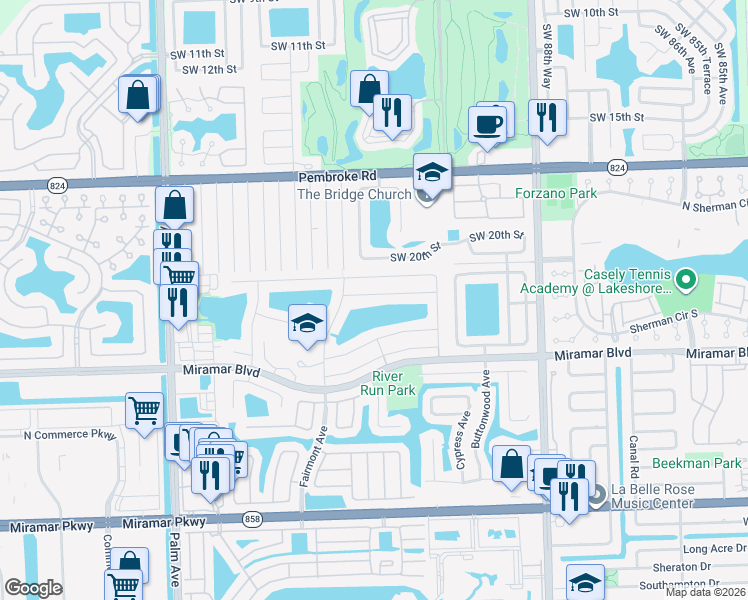map of restaurants, bars, coffee shops, grocery stores, and more near 9520 Chelsea Drive in Miramar