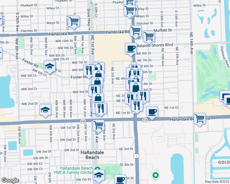 map of restaurants, bars, coffee shops, grocery stores, and more near 316 Northeast 3rd Street in Hallandale Beach