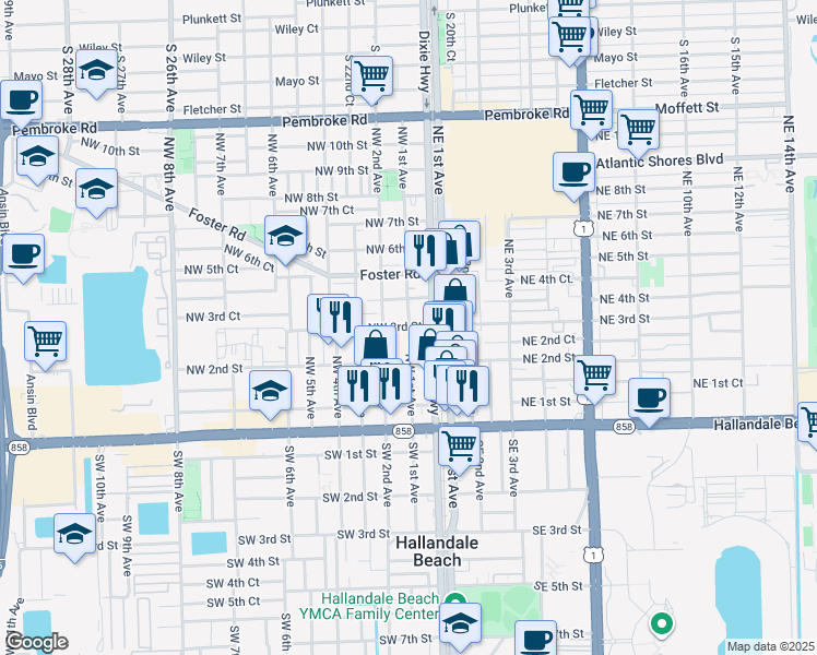 map of restaurants, bars, coffee shops, grocery stores, and more near 225 Northwest 1st Avenue in Hallandale Beach