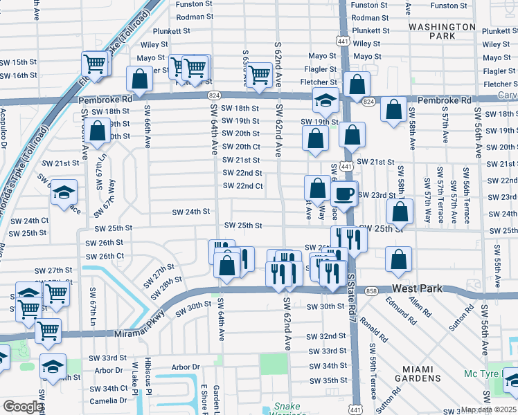 map of restaurants, bars, coffee shops, grocery stores, and more near 6243 Southwest 25th Street in Miramar