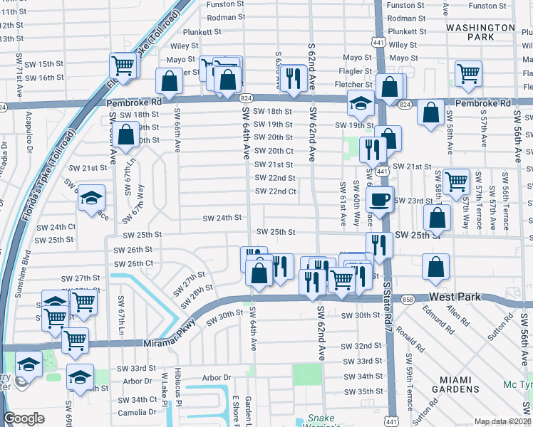 map of restaurants, bars, coffee shops, grocery stores, and more near 6339 Southwest 24th Street in Miramar