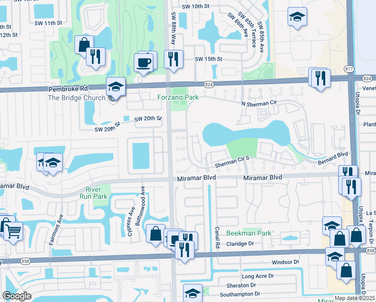 map of restaurants, bars, coffee shops, grocery stores, and more near 8810 Southwest 22nd Street in Miramar