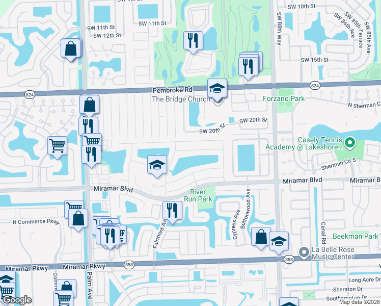map of restaurants, bars, coffee shops, grocery stores, and more near 9520 Chelsea Drive in Miramar