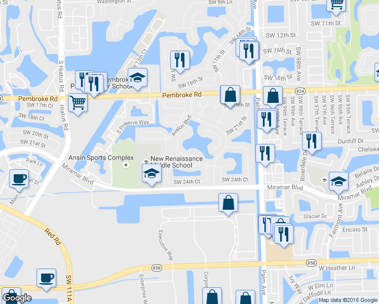map of restaurants, bars, coffee shops, grocery stores, and more near 10417 Southwest 23rd Court in Miramar