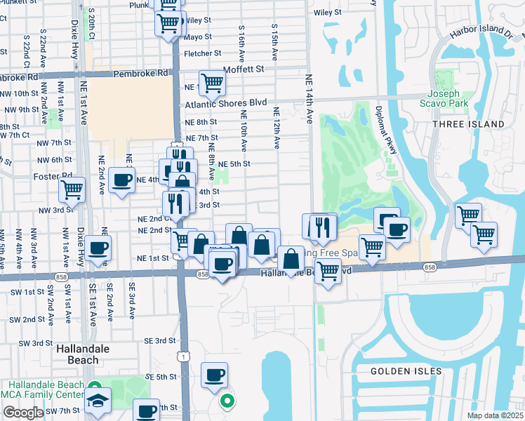 map of restaurants, bars, coffee shops, grocery stores, and more near 1103 Northeast 2nd Court in Hallandale Beach