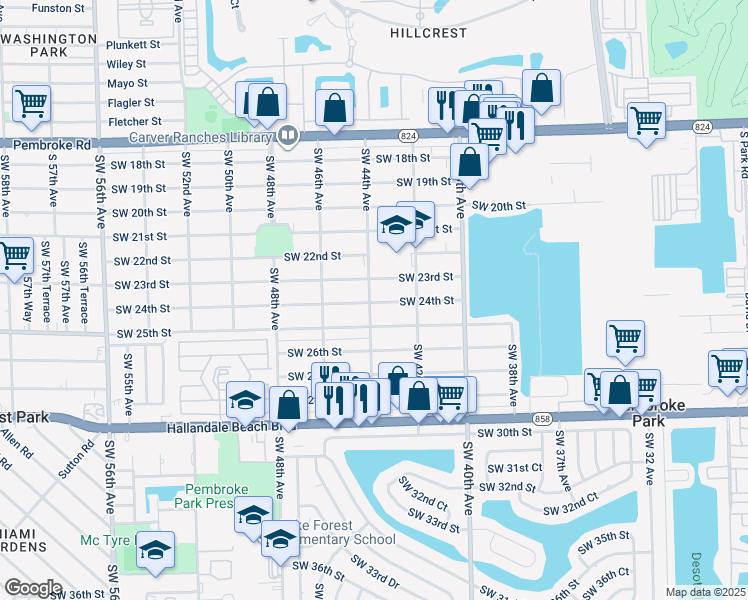 map of restaurants, bars, coffee shops, grocery stores, and more near 4851 Southwest 24th Street in West Park