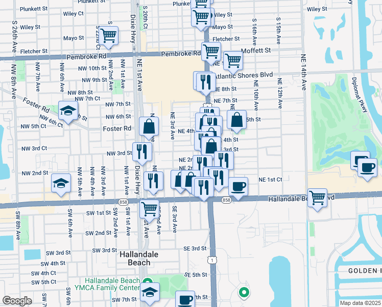 map of restaurants, bars, coffee shops, grocery stores, and more near 500 Northeast 3rd Street in Hallandale Beach