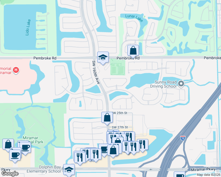 map of restaurants, bars, coffee shops, grocery stores, and more near 15854 Southwest 21st Street in Miramar