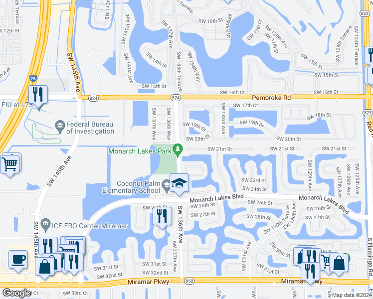 map of restaurants, bars, coffee shops, grocery stores, and more near 13578 Southwest 21st Street in Miramar