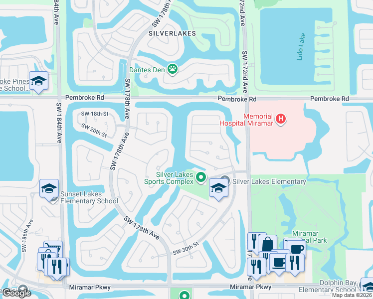 map of restaurants, bars, coffee shops, grocery stores, and more near 2021 Southwest 176th Avenue in Miramar