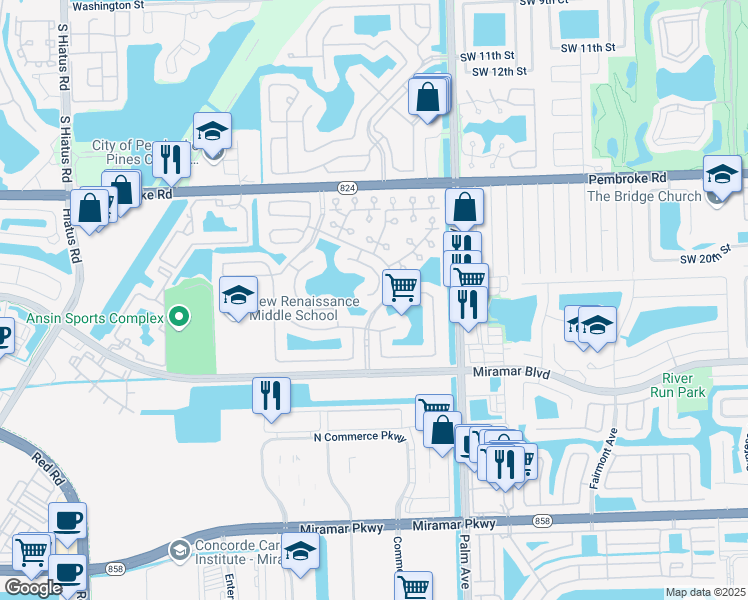 map of restaurants, bars, coffee shops, grocery stores, and more near 10203 Southwest 20th Court in Miramar